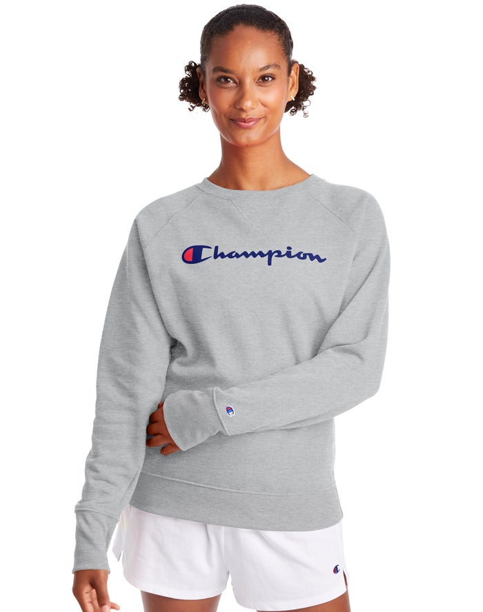 Champion Dame Sweatshirt Grå - Powerblend Fleece Classic Crew Script Logo - Danmark TIQ-152086